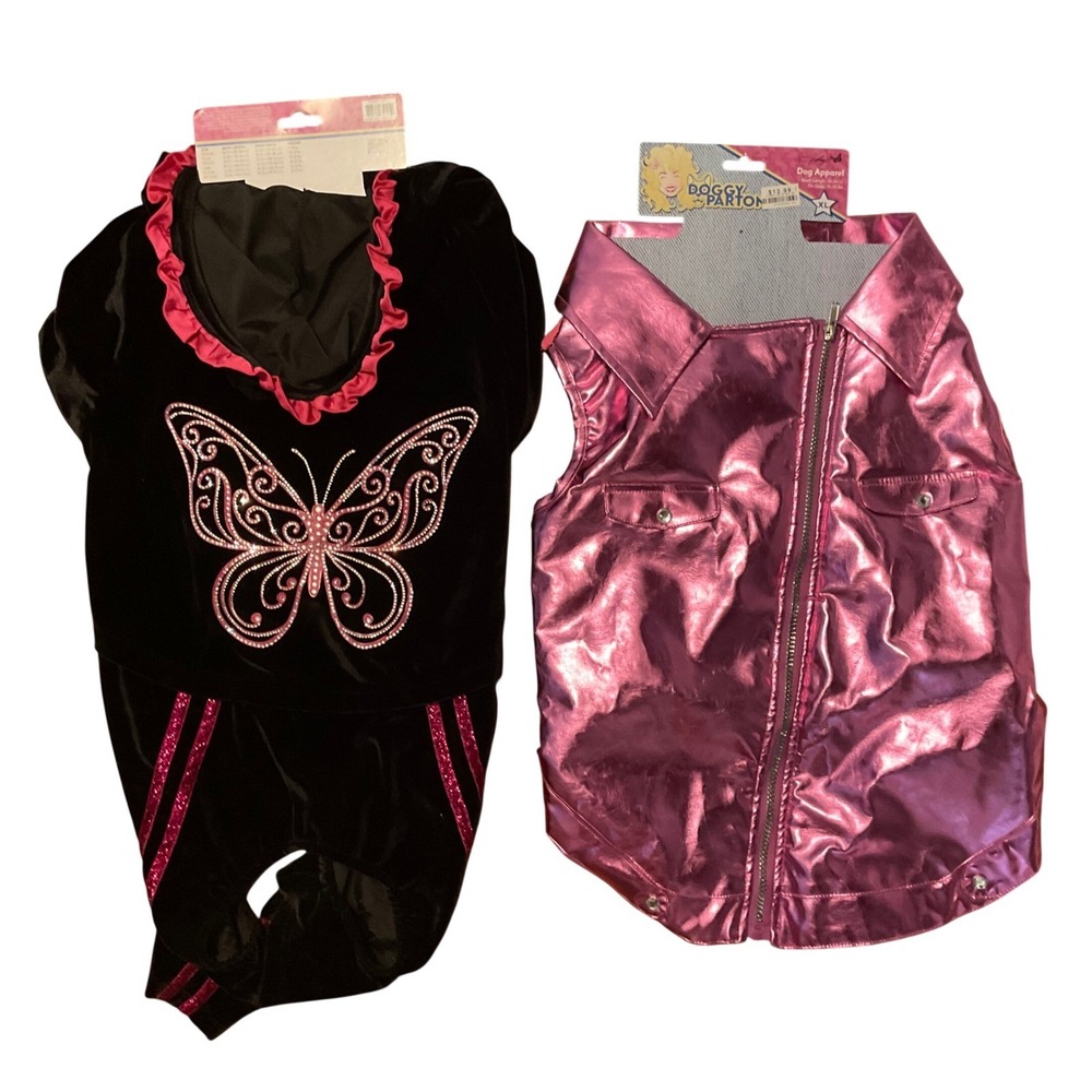 Doggy Parton Pet Apparel‎ Bundle XL Black Velvet Tracksuit & Metallic Pink Vest